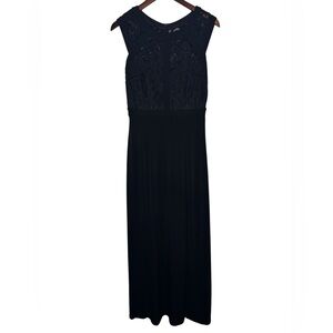 Enfocus Studio Black Lace Maxi Dress with Sheer Lace Bodice Skirt Split